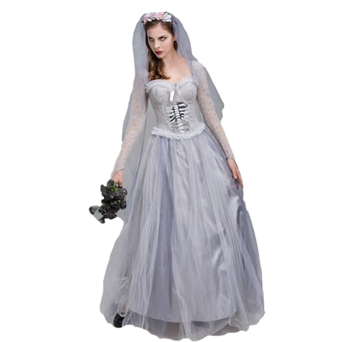 FOKPLEA Halloween-Kostüm für Damen, Zombie-Braut, mit Schleier, Blumen-Stirnband, Verkleidung für Partys und Veranstaltungen (Grau, M) von FOKPLEA