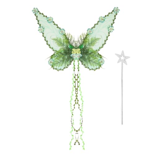 Feenflügel für Erwachsene und Frauen, Elfenflügel mit Feenstäbchen, grüne Fee mit künstlichen Blumen, Ranken, funkelnde Schmetterlingsflügel, Halloween, Verkleidung für Frauen (Grün, 2 Stück) von FOKPLEA