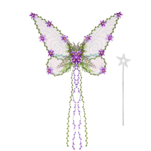 Feenflügel für Erwachsene und Frauen, Elfenflügel mit Feenstäbchen, grüne Fee mit künstlichen Blumen, Ranken, funkelnde Schmetterlingsflügel, Halloween, Verkleidung für Frauen (Lila, 2 Stück) Feenflügel für Erwachsene und Frauen, Elfenflügel mit Feenstäbchen, grüne Fee mit künstlichen Blumen, Ranken, funkelnde Schmetterlingsflügel, Halloween, Verkleidung für Frauen (Lila, 2 Stück) von FOKPLEA