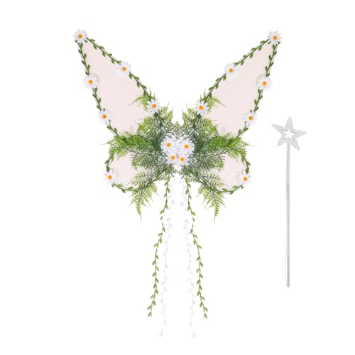 Feenflügel für Erwachsene und Frauen, Elfenflügel mit Feenstäbchen, grüne Fee mit künstlichen Blumen, Ranken, funkelnde Schmetterlingsflügel, Halloween, Verkleidung für Frauen (Weiß, 2 Stück) von FOKPLEA