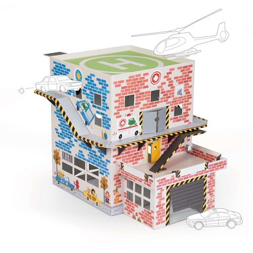 FOLDZILLA 3 in 1 Spielhaus 65 x 50 x 50 cm Feuerwehr Polizei Krankenhaus Feuerwache Polizeistation aus Pappe für Kinder von FOLDZILLA