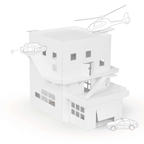 FOLDZILLA 3 in 1 Spielhaus 65 x 50 x 50 cm Hubschrauberlandeplatz große Garage umlaufende Fahrbahn aus Pappe für Kinder Weiß zum Bemalen und Bekleben von FOLDZILLA