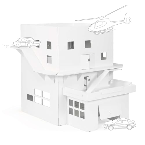 FOLDZILLA 3 in 1 Spielhaus XXL 1,25 x 1 x 1 m Hubschrauberlandeplatz große Garage umlaufende Fahrbahn aus Pappe für Kinder - Weiß zum Bemalen/Bekleben von FOLDZILLA