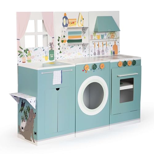 FOLDZILLA Kinderküchen Set für Kinderzimmer 110 x 133 x 33 cm Spielküche aus Pappe mit Spüle Herd Waschmaschine - Lou von FOLDZILLA
