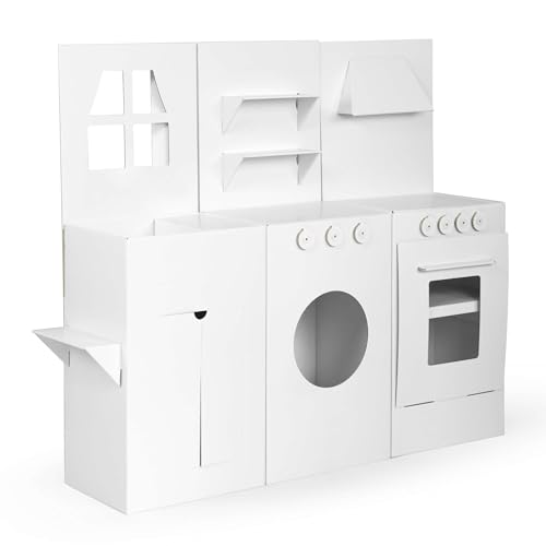 FOLDZILLA Kinderküchen Set für Kinderzimmer 110 x 133 x 33 cm Spielküche aus Pappe mit Spüle Herd Waschmaschine - Weiß zum Bemalen und Bekleben von FOLDZILLA