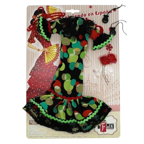 FOLK Puppenkleid, Flamenco, andalusische Handarbeit, 35 cm, Kollektion Flamenco, gepunktet, limitierte Edition, Schwarz mit grünen Punkten FOLK Puppenkleid, Flamenco, andalusische Handarbeit, 35 cm, Kollektion Flamenco, gepunktet, limitierte Edition, Schwarz mit grünen Punkten von FOLK