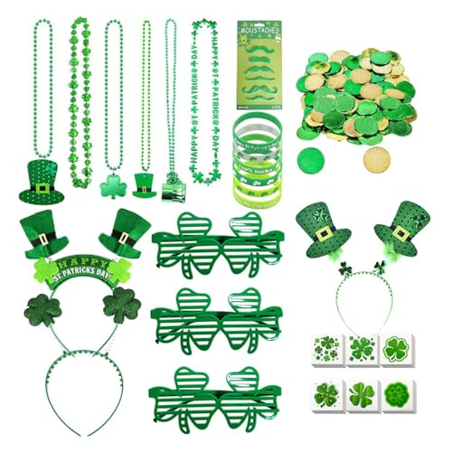 FOLODA Patricks Day Outfit Set Grünes Kostüm Stirnband Körperaufkleber Armband Halskette Münze Brille Kostüm Set Patricks Day Kostümzubehör von FOLODA