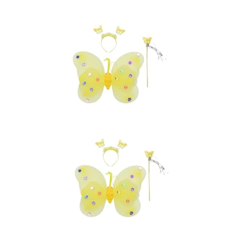 FOMIYES 6 Stück Teiliges Schmetterlingsflügel Set für Mädchen mit Stirnband und Zauberstab Doppellagige Gelbe Weiches Stoffmaterial Bequemes Cosplay Kostüm für Geburtstag Party und von FOMIYES