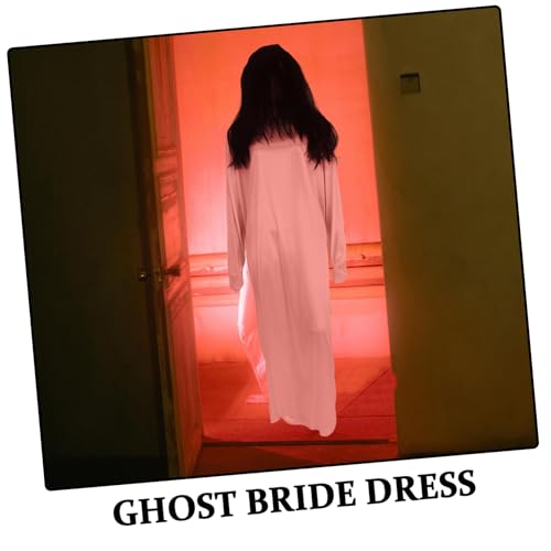FOMIYES Gruseliges Geisterbraut Kostüm Weiß Halloween Horror Kleid mit Schwarzer Perücke für Damen Karneval Party Cosplay Bühnenauftritt von FOMIYES