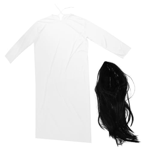 FOMIYES Halloween Horror Kostüm Damen Weiße Geisterkleidung mit Schwarzem Haar Set Gruseliges Haunted House Outfit für Verkleidungspartys und Cosplay von FOMIYES