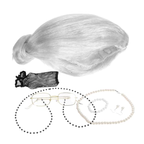 FOMIYES Halloween Senioren Kostüm für Damen und Silberne Perücken mit Brillenband und Kette Leichtes Verstellbares Kostüm Zubehör für Karneval Fasching Mottoparty Familienfeier von FOMIYES