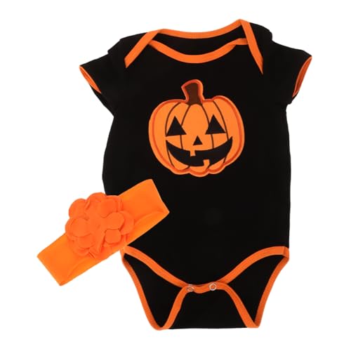FOMIYES Baby Halloween Kürbis Strampler Kurzarm Stirnband Set Baby Mädchen Jungen Unisex Festliches Outfit von FOMIYES