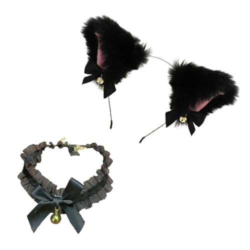 FOMIYES Plüsch Katzenohren Haarreif mit Schwarzem Schleifen design und Abnehmbarem Choker für Mädchen Cosplay Party Haar accessoire Niedliches Stirnband für Festliche Anlässe von FOMIYES