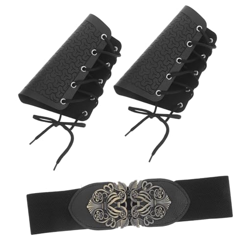 FOMIYES Vintage Mittelalterlicher Wikinger Gürtel und Armschutz Elastischer Retro Taillengürtel mit Armschoner Handgefertigt für Renaissance Kostüm Cosplay Zubehör Schwarz von FOMIYES