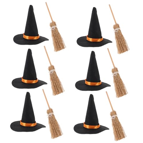FONDOTIN 6 Satz Teiliges Halloween Dekorationsset Miniatur Hexenhüte und Besen aus Filz und Holz für DIY Basteln Kleine Hexenhüte und Mini Besen Strapazierfähig für Party und Cosplay Deko von FONDOTIN
