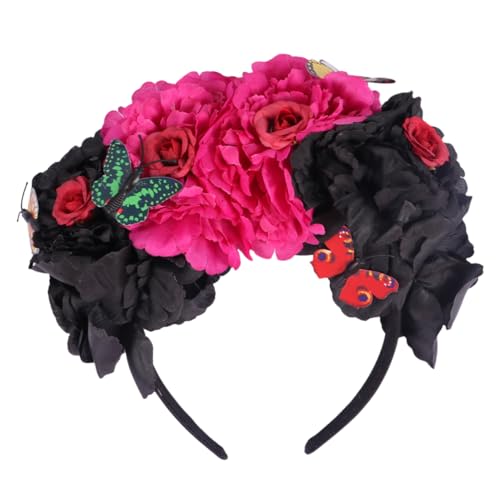 FONDOTIN Damen Blumenkrone Haarreif Rot Schwarz Halloween Festival Blumenschmuck Kopfstück Langlebig Kunststoff Vielseitiges Accessoire für Hochzeit Party Fotoshooting von FONDOTIN
