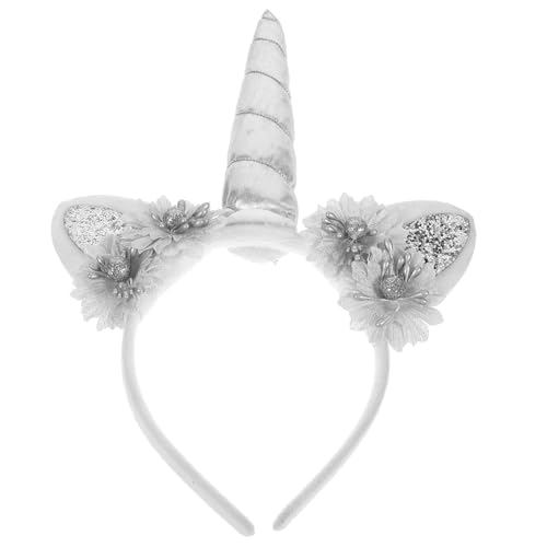 FONDOTIN Einhorn Haarreif mit Blumen Elastisches Flexibles Stirnband für Mädchen Party und Geburtstags Accessoire Silbergrauer Kopfschmuck Geeignet für Verschiedene Kopfgrößen und von FONDOTIN