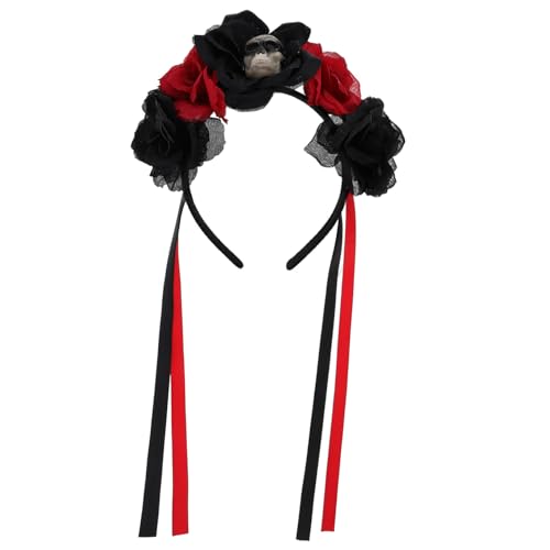 FONDOTIN Halloween Day Of The Dead Haarschmuck mit Roter Blumen Schädel Design Leichtes Party Haarreif Damen Cosplay Stirnband für Karneval und Festveranstaltungen von FONDOTIN