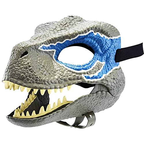 FONDUO Dino Maske Halloween Dinosaurier mit Beweglichem Kiefer, Scream Raptor für Kinder Und Erwachsene, Latex Blau Cosplay Party Geschenk (Blau), M von FONDUO