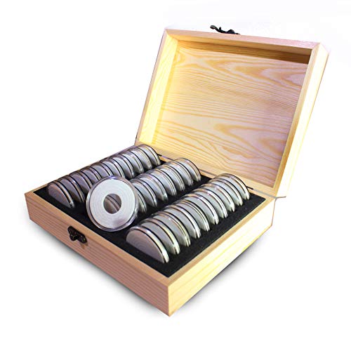 FONDUO Sammlermünzen Aufbewahrung, 30 Stück 41mm Münzkapseln und Größen (20/25/30/35/40mmmm) Holz Aufbewahrungsbox + 30 runde Boxen + Innenpolster, Protect Dichtung Münzhalter von FONDUO