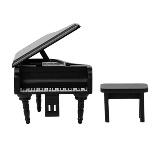 FONGKNOX Miniatur-Klaviermodell, schwarzes hölzernes Klavier, Musikinstrumentenmodell, Mini-Simulation, hölzerner Flügel mit Hocker für 1:12 Puppenhauszubehör von FONGKNOX