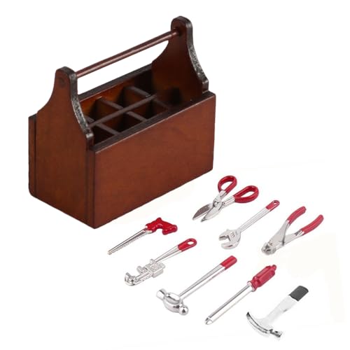 FONGKNOX Miniatur-Werkzeugkasten für Puppenhaus mit 8 Mini-Werkzeugen, Miniatur-Werkzeugkasten im Maßstab 1/12, Mini-Reparatur-Werkzeugkasten aus Metall, Modellwerkzeug aus Holz, dekorative Ornamente FONGKNOX Miniatur-Werkzeugkasten für Puppenhaus mit 8 Mini-Werkzeugen, Miniatur-Werkzeugkasten im Maßstab 1/12, Mini-Reparatur-Werkzeugkasten aus Metall, Modellwerkzeug aus Holz, dekorative Ornamente von FONGKNOX
