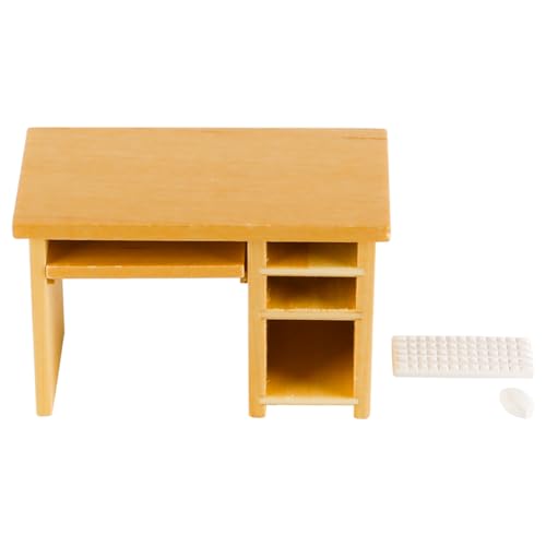 FONGKNOX Puppenhaus-Computertisch, Maßstab 1/12, Puppenhaus-Miniaturmöbel, Holz-Computertisch mit Maus für Puppenhaus-Dekoration, Mini-Haus-Zubehör von FONGKNOX