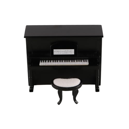 FONGKNOX Puppenhaus-Miniatur-Puppenklavier mit Stuhl, Mini-Klavier mit Stuhl, 1:12, Simulation, Mini-Holzmöbel-Zubehör für Puppenhaus-Dekor, Schwarz von FONGKNOX