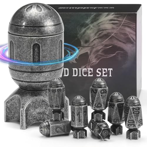 FONVGOGO Raketen Metall DND Würfel Set mit 7 Stück und Rotierendem Behälter in Raketenform Coole Bullet DND Würfelset für Dungeons and Dragons D&D-Geschenk (Rakete Altes Silber) von FONVGOGO