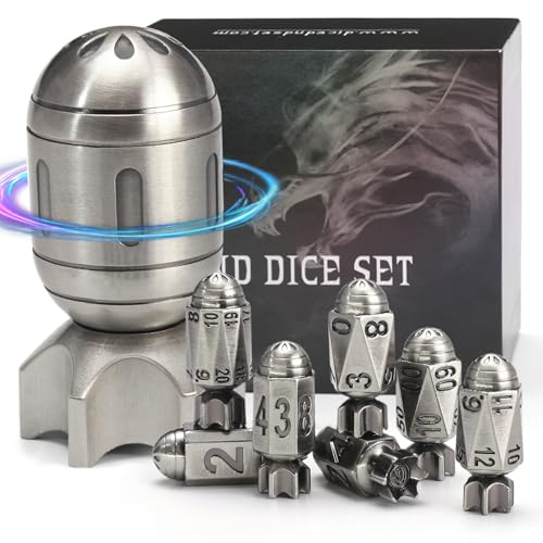 FONVGOGO Raketen Metall DND Würfel Set mit 7 Stück und Rotierendem Behälter in Raketenform Coole Bullet DND Würfelset für Dungeons and Dragons D&D-Geschenk (Rakete Silber) von FONVGOGO