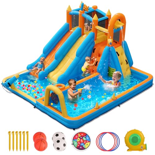FOOING Aufblasbare Hüpfburg mit 2 Rutschen, Kletterwand & Basketballkorb - Wasserspielburg mit Sicherheitsnetz für Garten, Kindergeburtstage und Sommerpool-Partys von FOOING