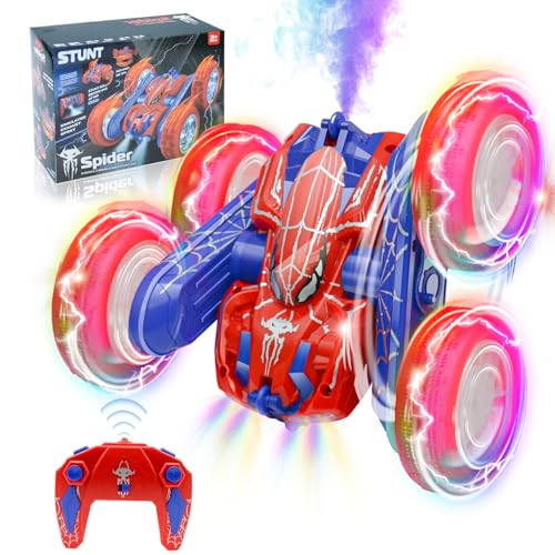 FORESTDREAM Ferngesteuertes Auto mit Sprüheffekt & LED-Lichtern, 360°-Doppelseitige 2.4GHz 4WD All-Terrain Spider RC Auto für Kinder, Stunt Car Spielzeug für Jungen & Mädchen ab 4 Jahren (Rot) von FORESTDREAM