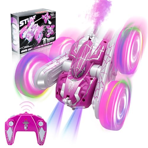 FORESTDREAM Ferngesteuertes Auto mit Sprüheffekt & LED-Lichtern, 360°-Doppelseitige 2.4GHz 4WD All-Terrain Spider RC Auto für Kinder, Stunt Car Spielzeug für Jungen & Mädchen ab 4 Jahren (Rosa) von FORESTDREAM