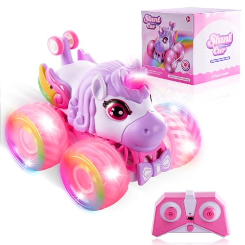 Ferngesteuertes Einhorn Auto für Mädchen, 4WD Off-Road Pink Stunt RC Auto mit LED-Lichtern, 2.4GHz Spielzeugauto, USB Direktladung, All-Terrain SUV, Geburtstagsgeschenk für Kinder ab 3 Jahren von FORESTDREAM