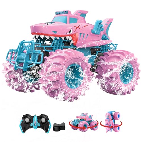 RC Shark Monster Truck, 2,4 GHz Amphibien-Fahrzeug, USB-Aufladung, LED-Beleuchtung, Grau-Grün/Rosa-Blau (Rosa) von FORESTDREAM