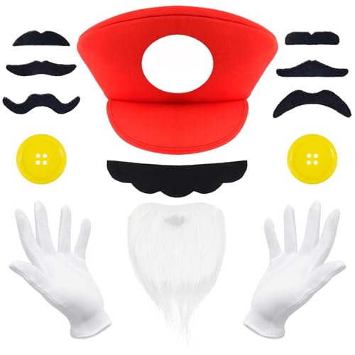 Klempner-Kostüm-Set, Cartoon-Charakter-Kostüm-Set, Cosplay-Kostüm-Set mit roter Mütze, Schnurrbart und weißen Handschuhen, roter Hut, Cosplay-Zubehör für Cartoon-Charaktere, Kostümparty von FORETOGO