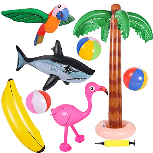 FORMIZON Aufblasbare Palmen Spielzeug Set, 9 Stücke, Flamingo Baum Strand Spielzeug, Fliegen Papagei Delphin Bananen Strand Bälle für Sommer Schwimmbad Hawaii Deko Themenparty von FORMIZON