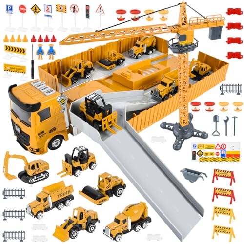 FORMIZON Baustellenfahrzeuge Kinder, LKW Fahrzeug Spielzeug Set Transporter Spielzeug mit Musik & Lichter, 6 Mini Baustellenfahrzeuge, Kran Spielzeug Kinder (Gelb) von FORMIZON