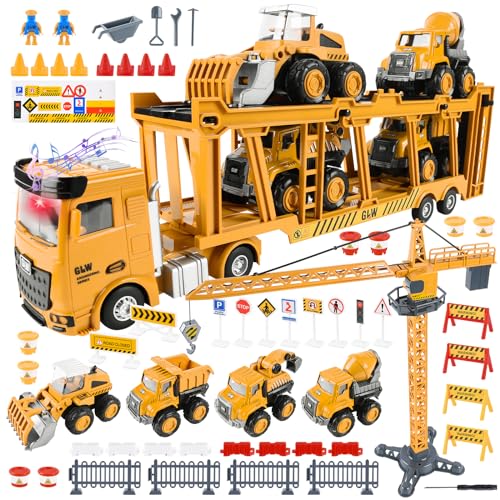 FORMIZON Baustellenfahrzeuge Kinder, Transporter Spielzeug LKW Spielzeug Set mit Musik & Lichter, 4 Mini Baustellenfahrzeuge, Kran Spielzeug Kinder (Transporter) von FORMIZON