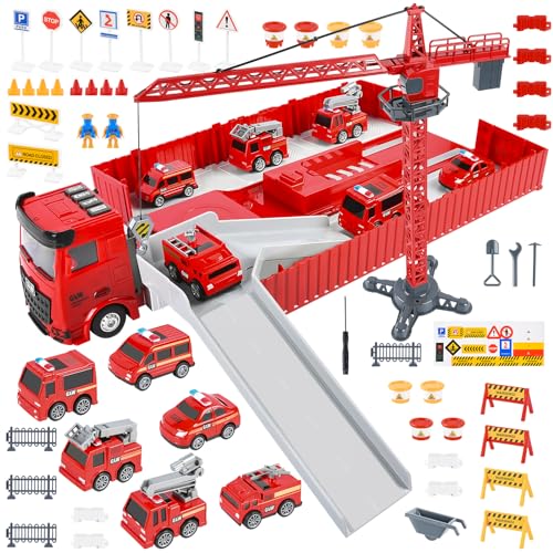 FORMIZON Feuerwehrauto Kinder, Baustellenfahrzeuge Kinder, Transporter LKW Spielzeug Set mit Musik & Lichter, 6 Mini Feuerwehrauto, Kran Spielzeug Kinder (Rot) von FORMIZON