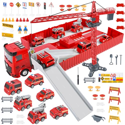 FORMIZON Feuerwehrauto und Baustellenfahrzeuge Kinder Set, Transporter LKW Spielzeug mit Musik & Lichter, 6 Mini Feuerwehrautos, Kran Spielzeug (Rot) von FORMIZON