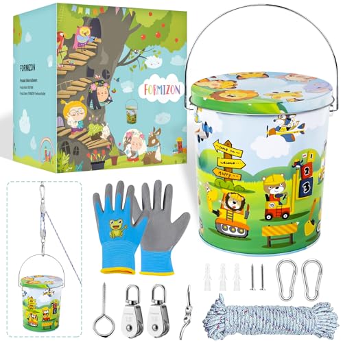 FORMIZON Flaschenzug Kinder, Flaschenzug Riemenscheibe mit Metalleimer, Zubehör fürs Baumhaus Spielturm, Riemenscheibensystem Spielturm Zubehör Gartenspielzeug für für Kinder ab 3 Jahren (Tiere) von FORMIZON