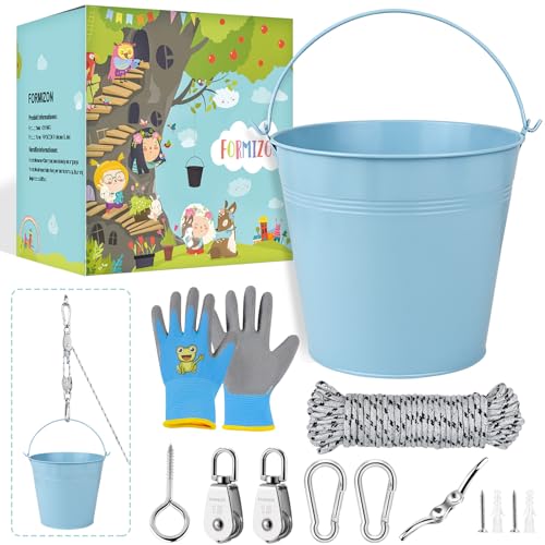 FORMIZON Flaschenzug Kinder, Zubehör fürs Baumhaus Spielturm Flaschenzug mit Metalleimer, Kinder-Riemenscheibensystem Spielturm Zubehör Gartenspielzeug für für Kinder ab 3 Jahren (Blau) von FORMIZON