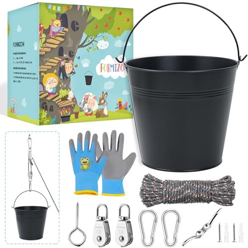 FORMIZON Flaschenzug Kinder, Zubehör fürs Baumhaus Spielturm Flaschenzug mit Metalleimer, Kinder-Riemenscheibensystem Spielturm Zubehör Gartenspielzeug für für Kinder ab 3 Jahren (Schwarz) von FORMIZON