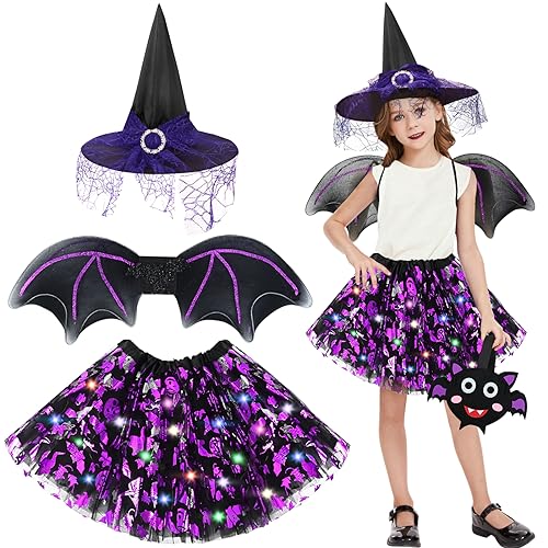 FORMIZON Fledermaus Kostüm Mädchen, LED Fledermaus Kostüm Set mit Tutu Rock, Hexen Hut, Flügel, Süßigkeitstasche, Fledermaus Rock mit Lichter, Kinder Hexenkostüm für Halloween Karneval Cosplay Party FORMIZON Fledermaus Kostüm Mädchen, LED Fledermaus Kostüm Set mit Tutu Rock, Hexen Hut, Flügel, Süßigkeitstasche, Fledermaus Rock mit Lichter, Kinder Hexenkostüm für Halloween Karneval Cosplay Party von FORMIZON