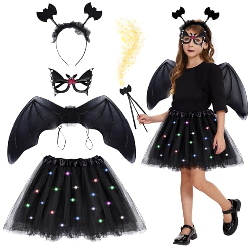 FORMIZON 5 Stück Fledermaus Kostüm Set, LED Fledermaus Kostüm Mädchen, Fledermaus Kostüm Kinder mit Flügel, Fledermaus Flügel Kostüm für Halloween, Karneval, Fasching, Cosplay Party von FORMIZON