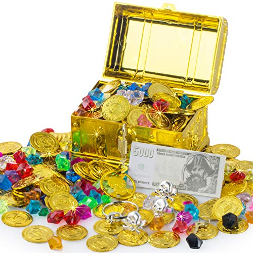 FORMIZON Goldmünzen Piratenschatz Piraten Schmucksteine Set, Schätze für Schatzsuche, 50Pcs Goldmünzen 100g Edelsteine mit Schatztruhe für Piraten-Partys von FORMIZON