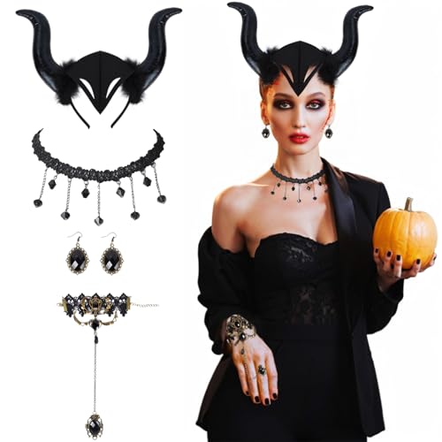 FORMIZON Königin Hörner Teufel Kopfschmuck mit Gothic Spitze Halskette Ohrringe Schwarz Böse Haarreif Damen Maleficent Kostüm Zubehör für Halloween Karneval Fasching Maskerade von FORMIZON