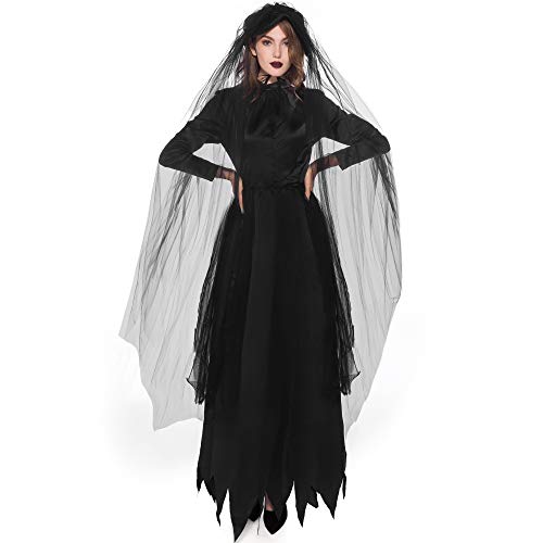 FORMIZON Fasching Kostüm Damen Geisterbraut, Hexenkleid Damen, Zombie Braut Kostüm Damen Schwarze, Kleid Fasching Damen Hexenkleid für Karneval Cosplay von FORMIZON