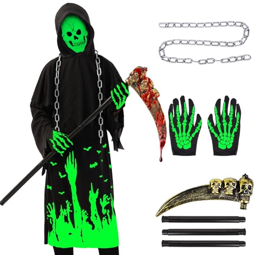FORMIZON Halloween Sensenmann Kostüm, Sensemann Umhang Set mit Sense, Leuchtende Skelett Maske, Skelett Handschuhen, Kostüm Set für Halloween Karneval Cosplay Party (S) von FORMIZON